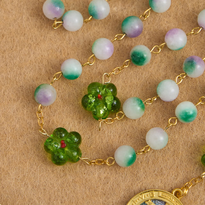 Christianartworkshop Rosenkranz aus violettem Chalcedon mit grüner Blume und funkelndem Kruzifix - image 7