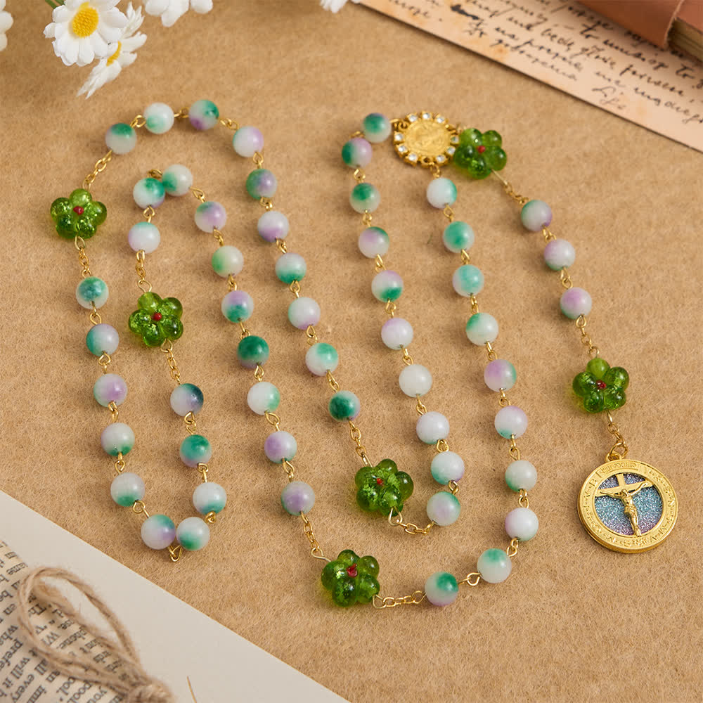 Christianartworkshop Rosenkranz aus violettem Chalcedon mit grüner Blume und funkelndem Kruzifix - image 3