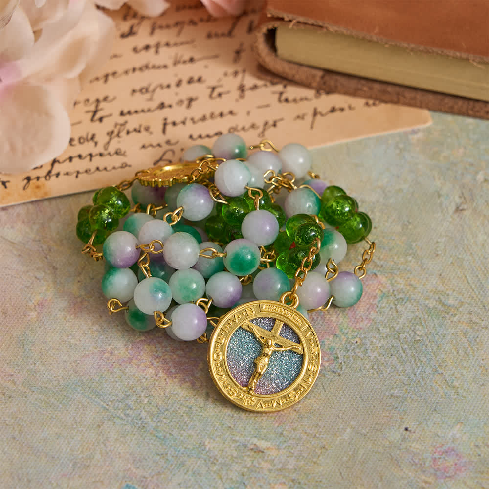Christianartworkshop Rosenkranz aus violettem Chalcedon mit grüner Blume und funkelndem Kruzifix - image 2
