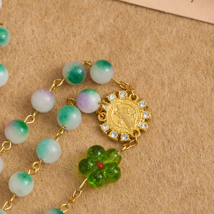 Christianartworkshop Rosenkranz aus violettem Chalcedon mit grüner Blume und funkelndem Kruzifix - image 6