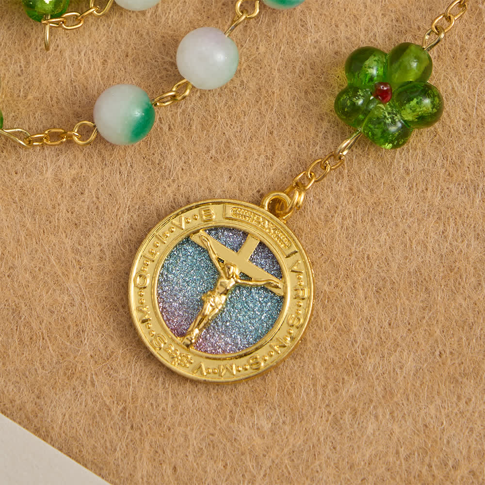 Christianartworkshop Rosenkranz aus violettem Chalcedon mit grüner Blume und funkelndem Kruzifix - image 5