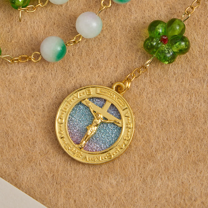 Christianartworkshop Rosenkranz aus violettem Chalcedon mit grüner Blume und funkelndem Kruzifix - image 5