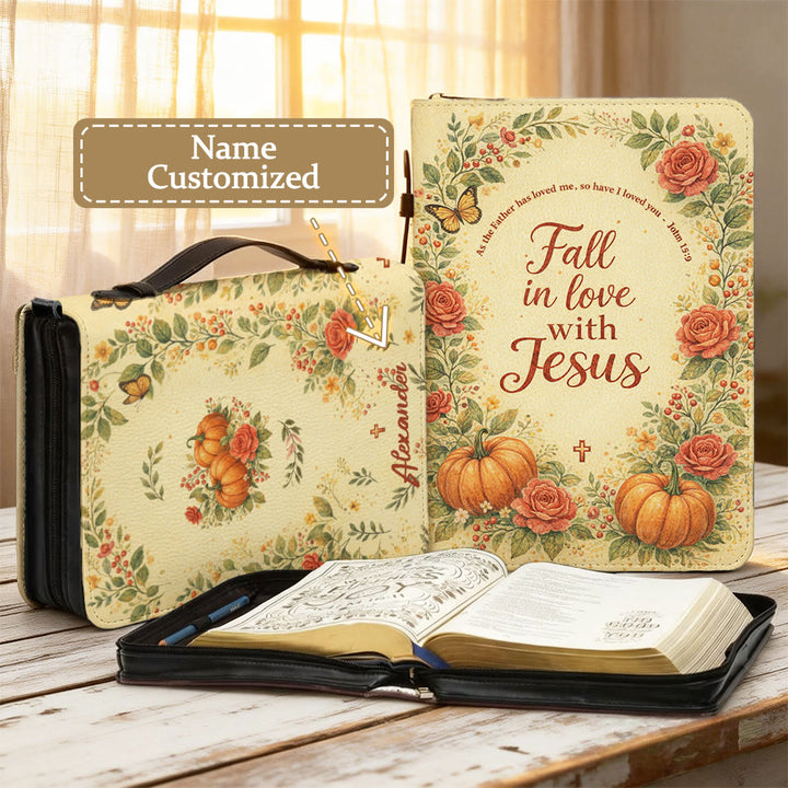 Christianartworkshop Bibelhülle mit Reißverschluss: Blumenmuster und Kürbismotiv – Verliebe dich in Jesus - 2XL - Name personalisiert - image 0