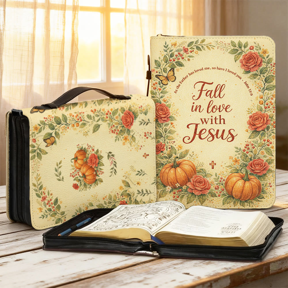 Christianartworkshop Bibelhülle mit Reißverschluss: Blumenmuster und Kürbismotiv – Verliebe dich in Jesus - 2XL - Standard (keine Sonderanfertigung) - image 1