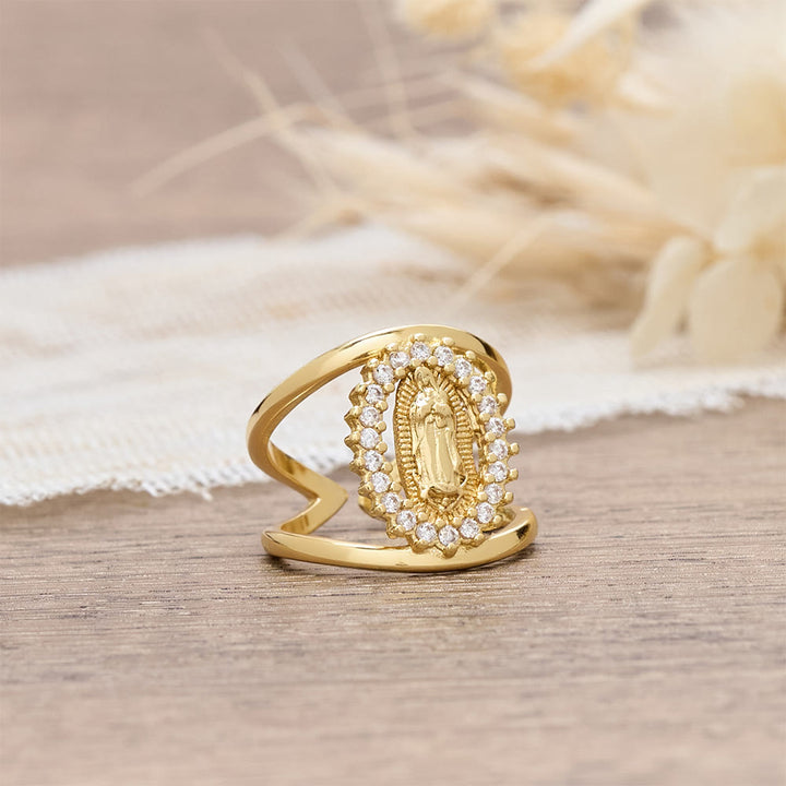 Christianartworkshop Zirkon-Halo-Ring mit dem Motiv der Jungfrau von Guadalupe: Ein Symbol marianischer Gnade und göttlichen Lichts - image 4
