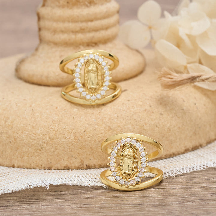 Christianartworkshop Zirkon-Halo-Ring mit dem Motiv der Jungfrau von Guadalupe: Ein Symbol marianischer Gnade und göttlichen Lichts - image 2