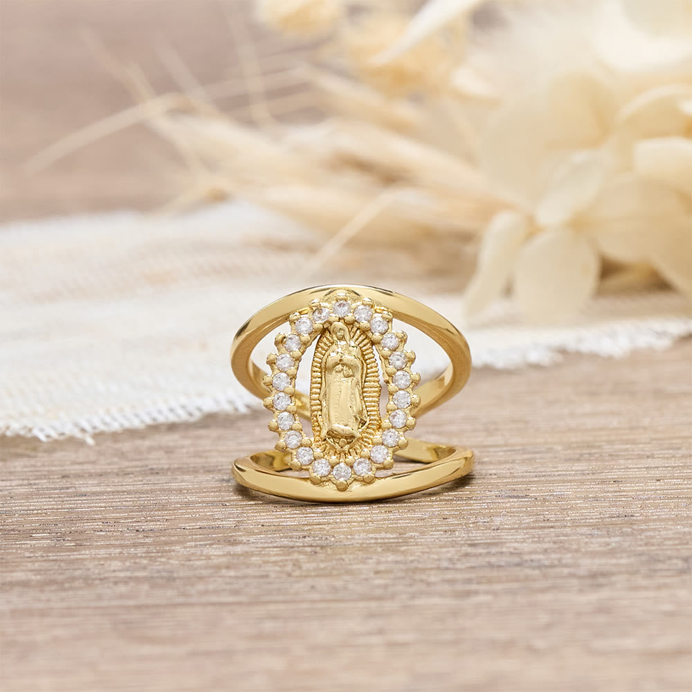 Christianartworkshop Zirkon-Halo-Ring mit dem Motiv der Jungfrau von Guadalupe: Ein Symbol marianischer Gnade und göttlichen Lichts - image 5