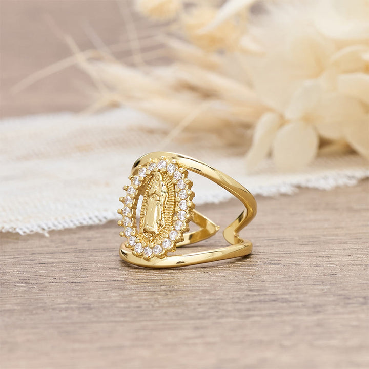 Christianartworkshop Zirkon-Halo-Ring mit dem Motiv der Jungfrau von Guadalupe: Ein Symbol marianischer Gnade und göttlichen Lichts - image 3
