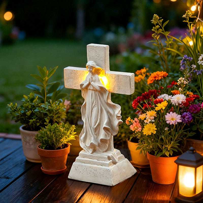 Christianartworkshop Solarbetriebene, beleuchtete Gartenstatue der Jungfrau Maria mit Kreuz: Ein Symbol marianischer Gnade und göttlichen Lichts - image 1