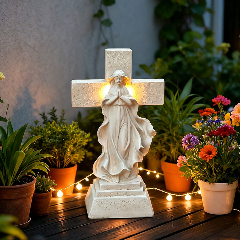 Christianartworkshop Solarbetriebene, beleuchtete Gartenstatue der Jungfrau Maria mit Kreuz: Ein Symbol marianischer Gnade und göttlichen Lichts - Jungfrau Maria und Kreuz - image 0
