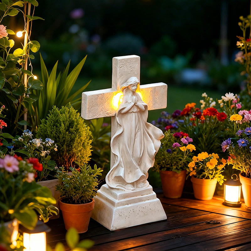 Christianartworkshop Solarbetriebene, beleuchtete Gartenstatue der Jungfrau Maria mit Kreuz: Ein Symbol marianischer Gnade und göttlichen Lichts - image 2