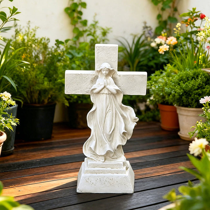 Christianartworkshop Solarbetriebene, beleuchtete Gartenstatue der Jungfrau Maria mit Kreuz: Ein Symbol marianischer Gnade und göttlichen Lichts - image 3