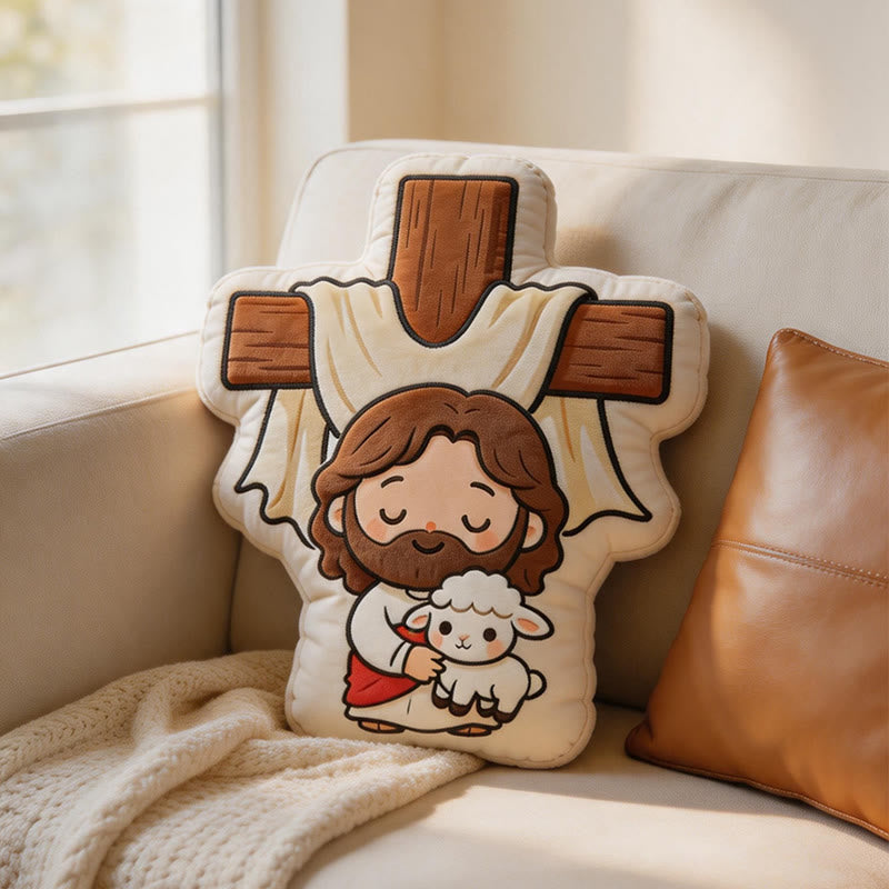 Christianartworkshop Niedliches Plüschkissen in Kreuzform mit Jesus und Lamm: Gemütliche, vom Glauben inspirierte Wohndekoration - image 5