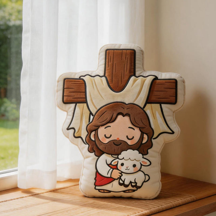 Christianartworkshop Niedliches Plüschkissen in Kreuzform mit Jesus und Lamm: Gemütliche, vom Glauben inspirierte Wohndekoration - image 1