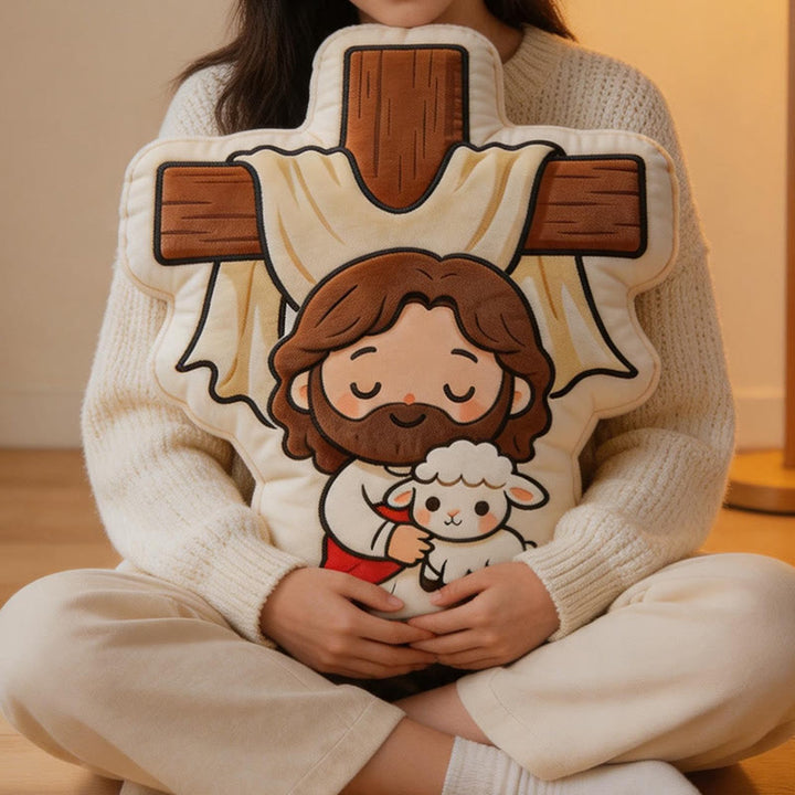 Christianartworkshop Niedliches Plüschkissen in Kreuzform mit Jesus und Lamm: Gemütliche, vom Glauben inspirierte Wohndekoration - image 4