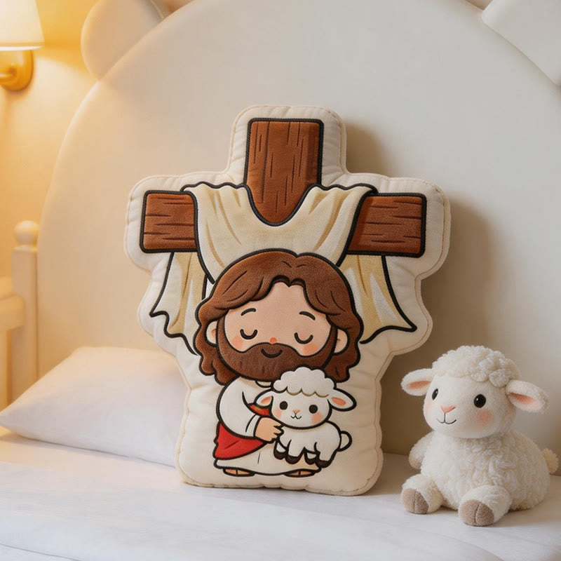 Christianartworkshop Niedliches Plüschkissen in Kreuzform mit Jesus und Lamm: Gemütliche, vom Glauben inspirierte Wohndekoration - image 2