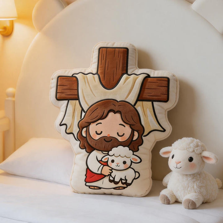 Christianartworkshop Niedliches Plüschkissen in Kreuzform mit Jesus und Lamm: Gemütliche, vom Glauben inspirierte Wohndekoration - image 2