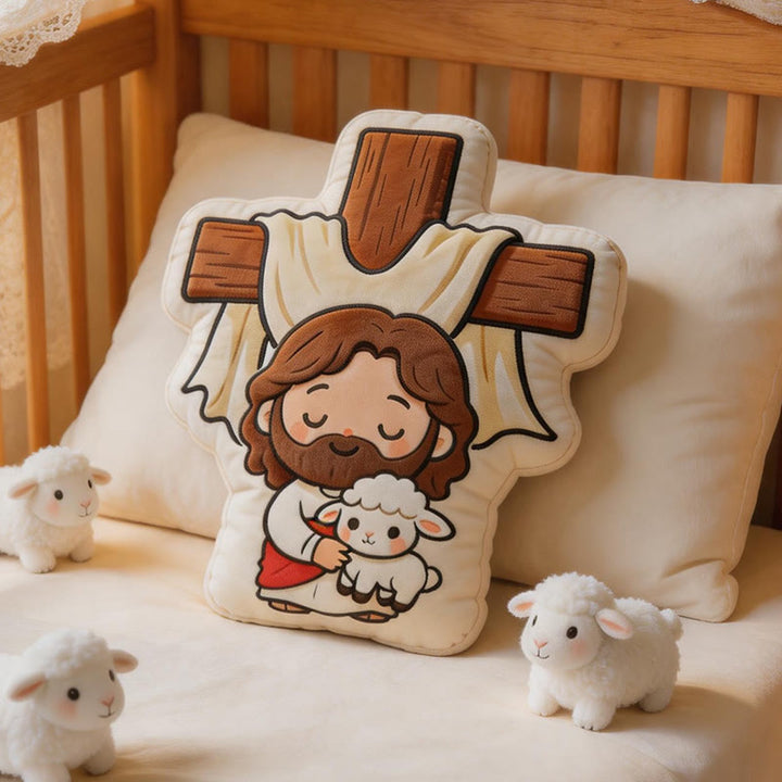 Christianartworkshop Niedliches Plüschkissen in Kreuzform mit Jesus und Lamm: Gemütliche, vom Glauben inspirierte Wohndekoration - image 3
