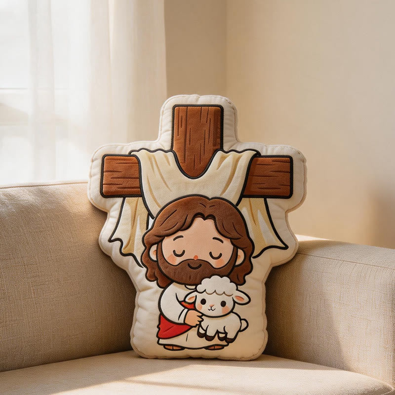 Christianartworkshop Niedliches Plüschkissen in Kreuzform mit Jesus und Lamm: Gemütliche, vom Glauben inspirierte Wohndekoration - 24 Zoll (60 cm) - image 0