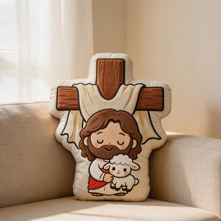 Christianartworkshop Niedliches Plüschkissen in Kreuzform mit Jesus und Lamm: Gemütliche, vom Glauben inspirierte Wohndekoration - 24 Zoll (60 cm) - image 0