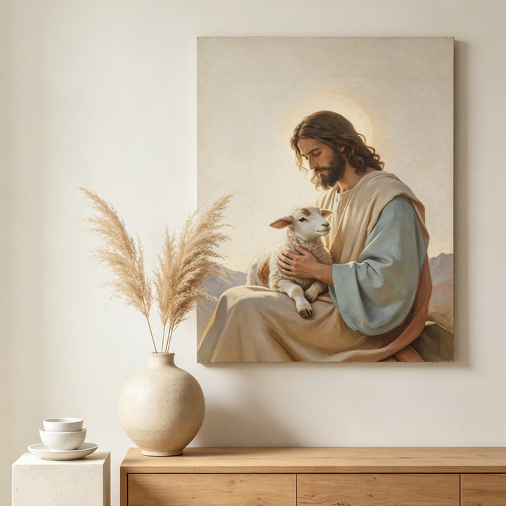 Christianartworkshop Jesus, der gute Hirte – Wandbild: Ein Symbol göttlichen Mitgefühls und sanfter Liebe - Gerahmtes Leinwandgemälde - 13,77" × 19,58" × 0,7" / 35 × 50 × 1,8 cm - image 0