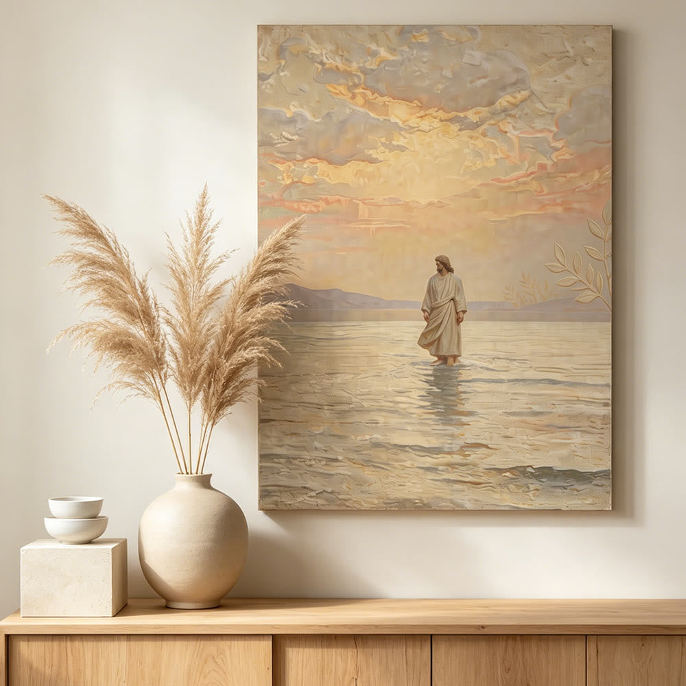 Christianartworkshop Kunstdruck „Jesus auf dem Wasser bei warmem Sonnenuntergang“: Ein tägliches Symbol der Hoffnung und der Überwindung des Unmöglichen - Gerahmtes Leinwandgemälde - 13,77" × 19,58" × 0,7" / 35 × 50 × 1,8 cm - image 0
