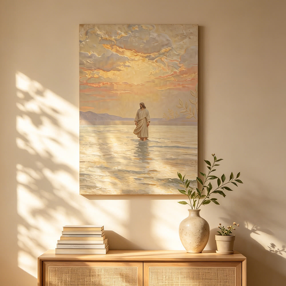 Christianartworkshop Kunstdruck „Jesus auf dem Wasser bei warmem Sonnenuntergang“: Ein tägliches Symbol der Hoffnung und der Überwindung des Unmöglichen - image 1