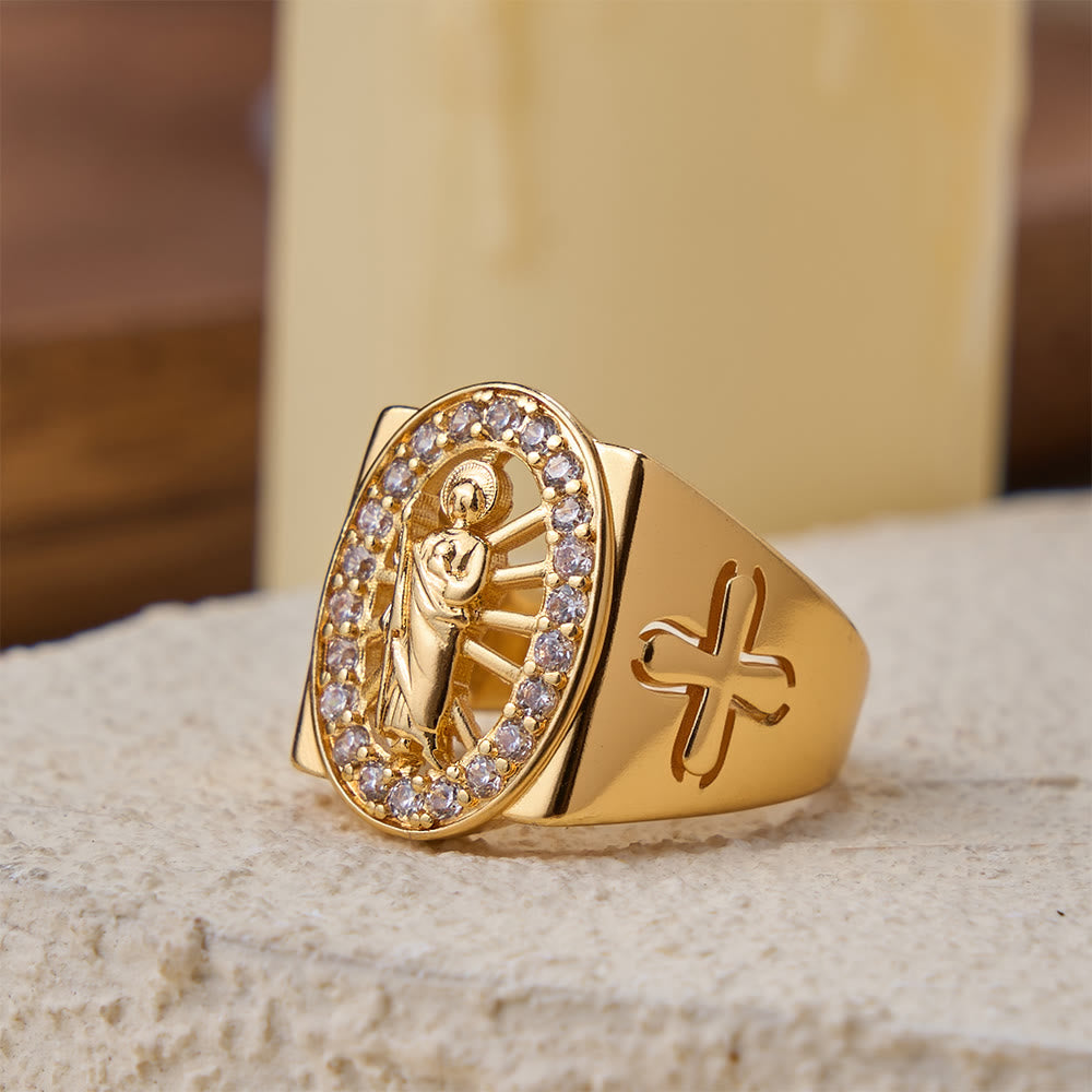 Christianartworkshop Kräftiger St.-Judas-Zirkon-Halo-Siegelring mit seitlichem Kreuz: Ein Symbol der Hoffnung und göttlichen Führung - St.Jude (Geeignet für US-Größen 7-9) - image 0