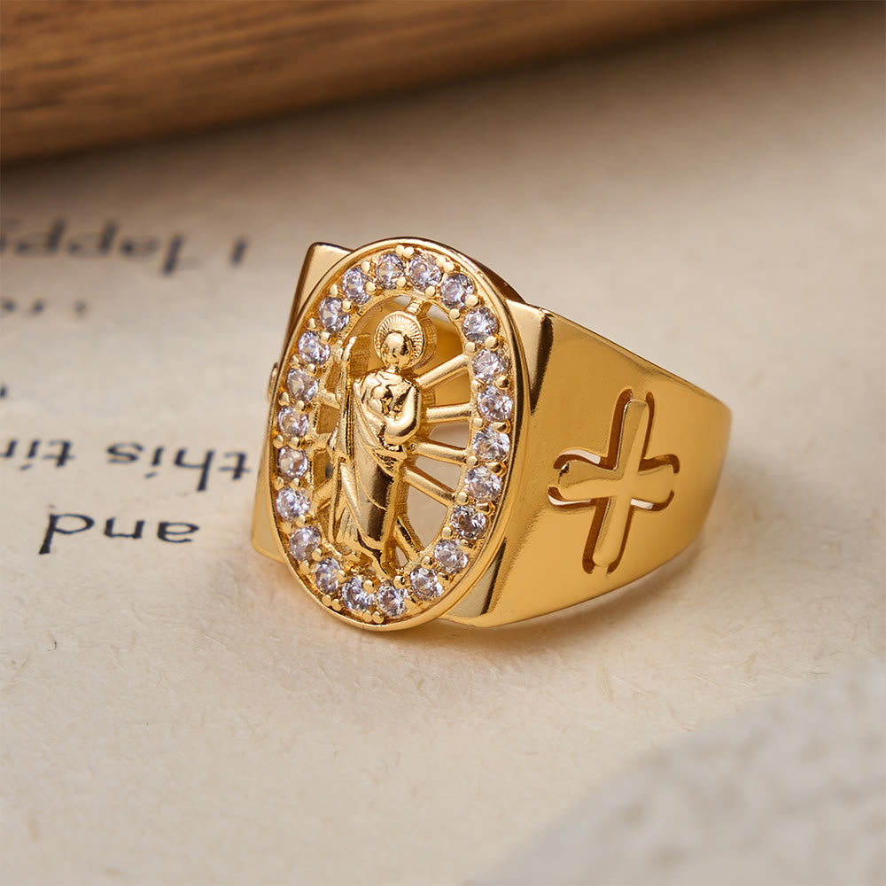 Christianartworkshop Kräftiger St.-Judas-Zirkon-Halo-Siegelring mit seitlichem Kreuz: Ein Symbol der Hoffnung und göttlichen Führung - image 1