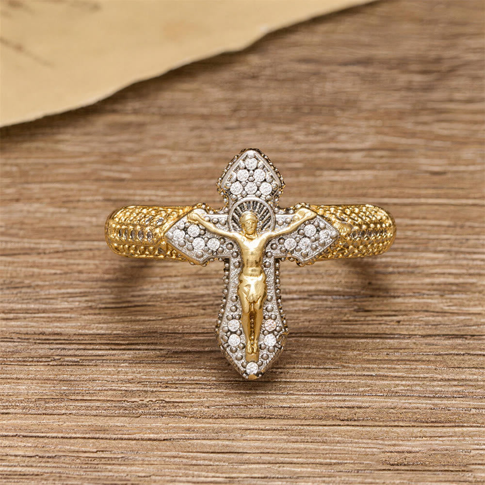 Christianartworkshop Zweifarbiger Zirkon-Pavé-Kreuzring: Ein Symbol zeitloser, erlösender Liebe - image 1