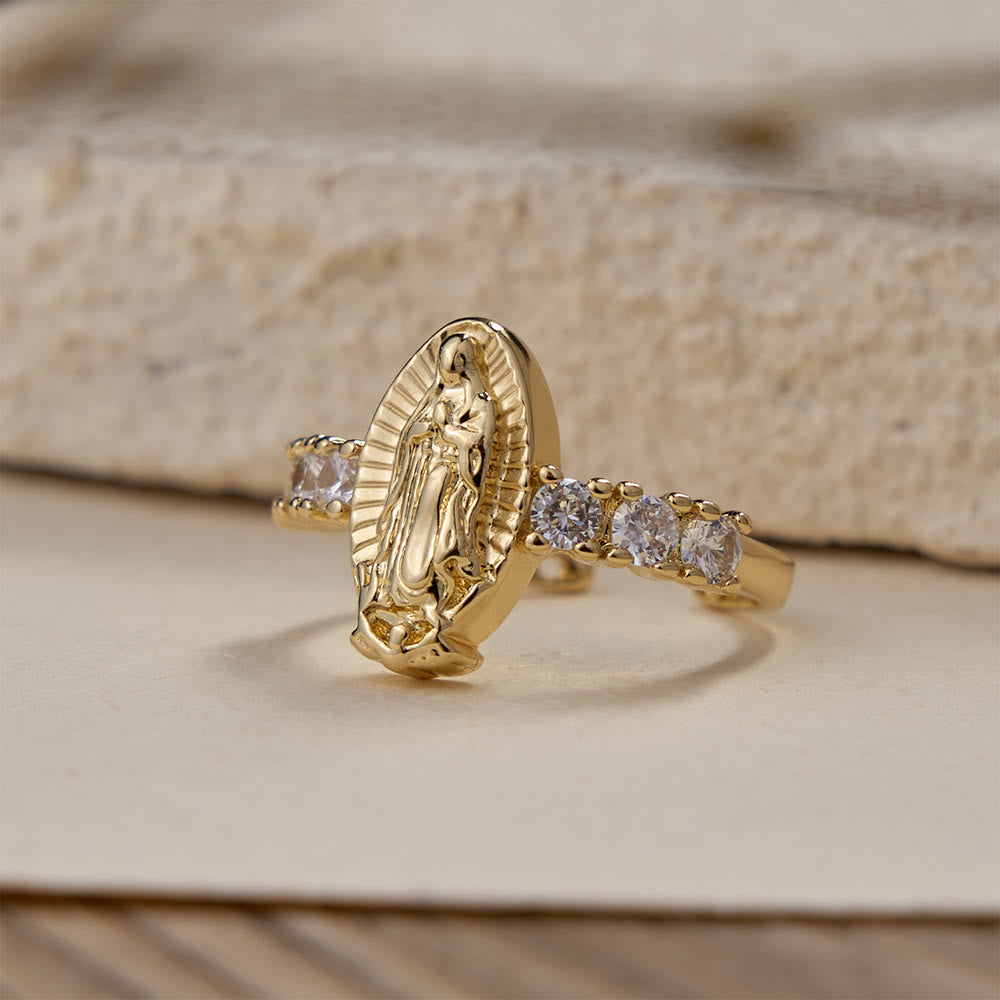 Christianartworkshop Verstellbarer Ring mit Zirkonia und Kreuz: Symbole marianischer Gnade und erlösender Liebe - Unsere Liebe Frau (Geeignet für US-Größen 6-8) - image 0