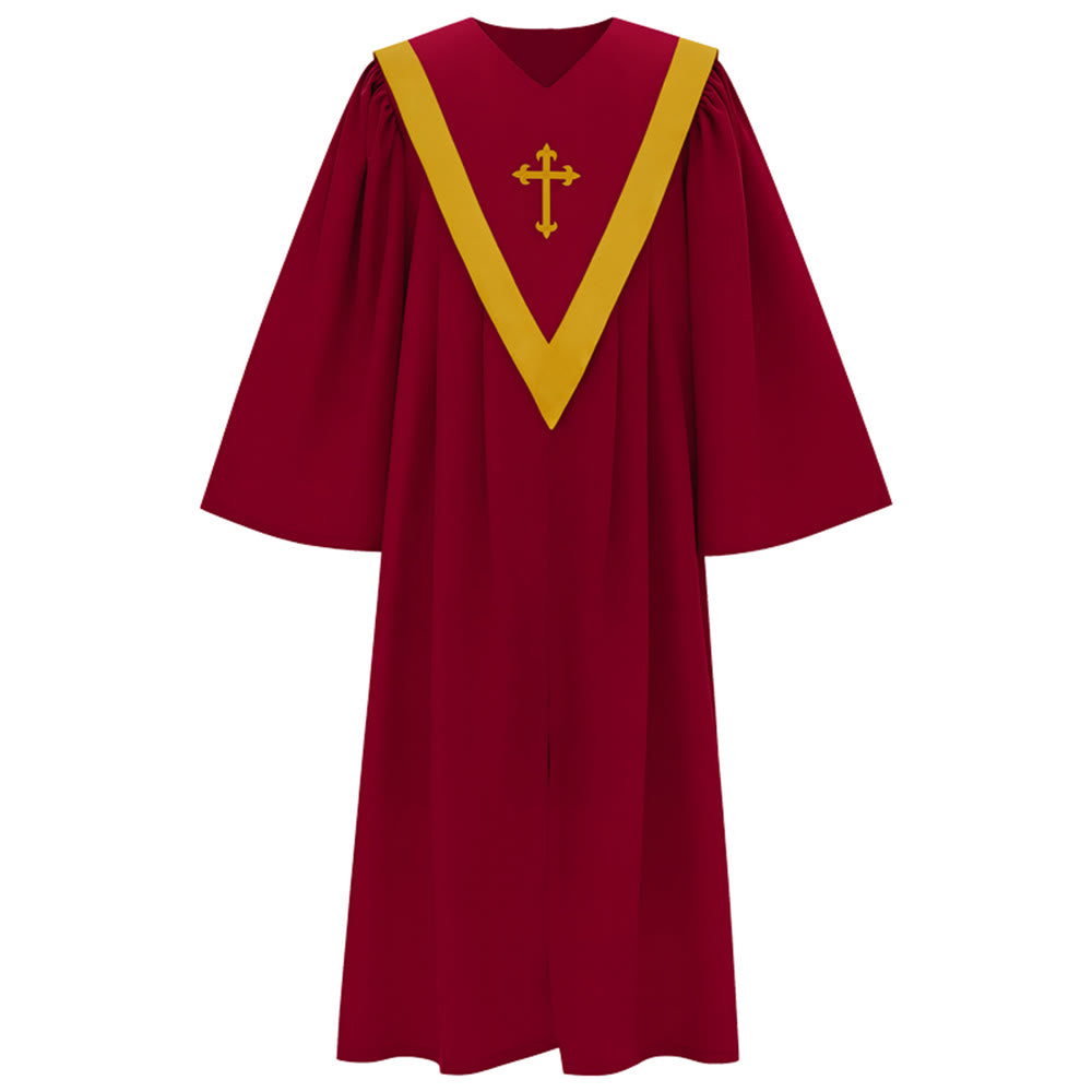 Traditionelle burgunderrote Priesterrobe von Christianartworkshop mit goldenem Kreuz und V-Ausschnitt - image 1