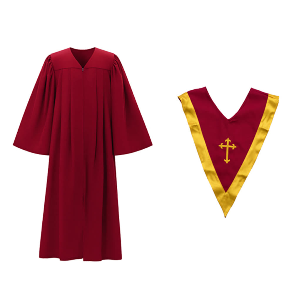 Traditionelle burgunderrote Priesterrobe von Christianartworkshop mit goldenem Kreuz und V-Ausschnitt - image 17