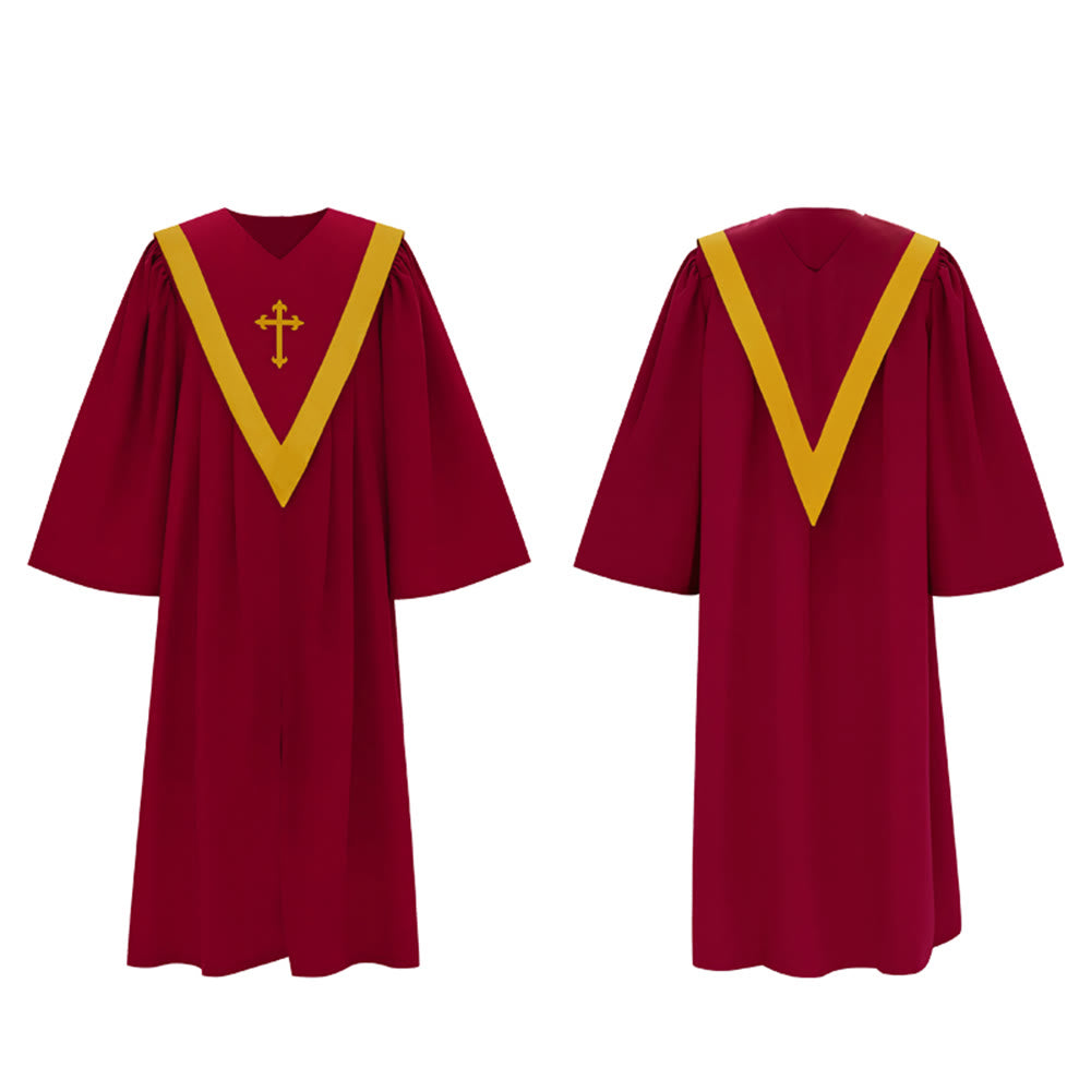 Traditionelle burgunderrote Priesterrobe von Christianartworkshop mit goldenem Kreuz und V-Ausschnitt - image 16