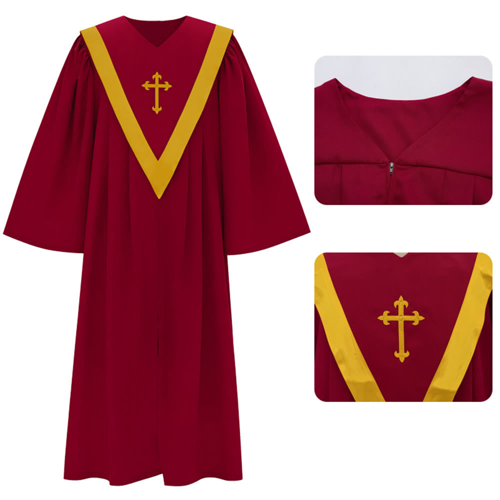 Traditionelle burgunderrote Priesterrobe von Christianartworkshop mit goldenem Kreuz und V-Ausschnitt - Rot - 2XL - image 4