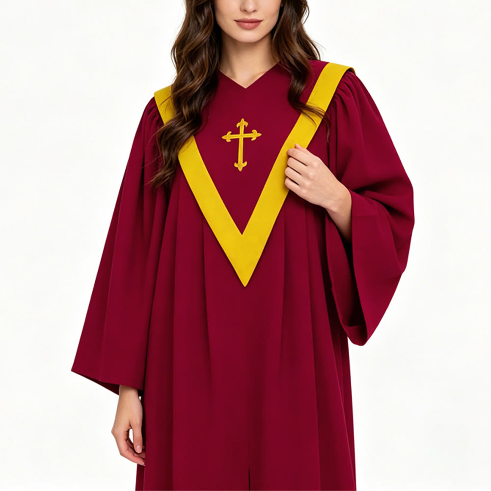 Traditionelle burgunderrote Priesterrobe von Christianartworkshop mit goldenem Kreuz und V-Ausschnitt - image 14