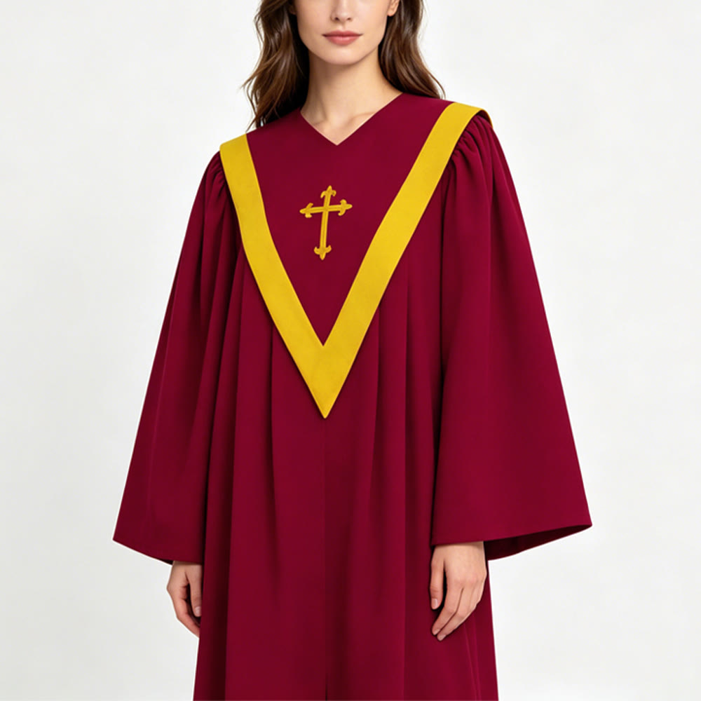 Traditionelle burgunderrote Priesterrobe von Christianartworkshop mit goldenem Kreuz und V-Ausschnitt - image 13