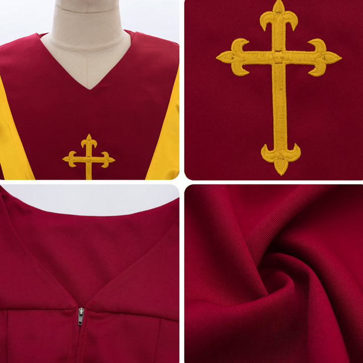 Traditionelle burgunderrote Priesterrobe von Christianartworkshop mit goldenem Kreuz und V-Ausschnitt - image 18