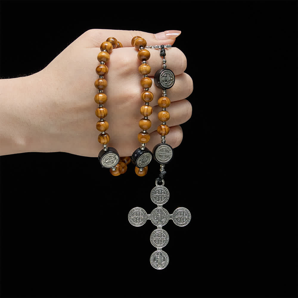 Christianartworkshop Rosenkranz aus natürlichem Olivenholz mit St.-Benedikt-Zwischenstücken und übergroßem Filigrankreuz - image 1