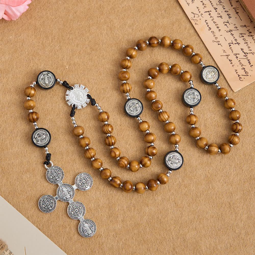 Christianartworkshop Rosenkranz aus natürlichem Olivenholz mit St.-Benedikt-Zwischenstücken und übergroßem Filigrankreuz - Der heilige Benedikt - image 0