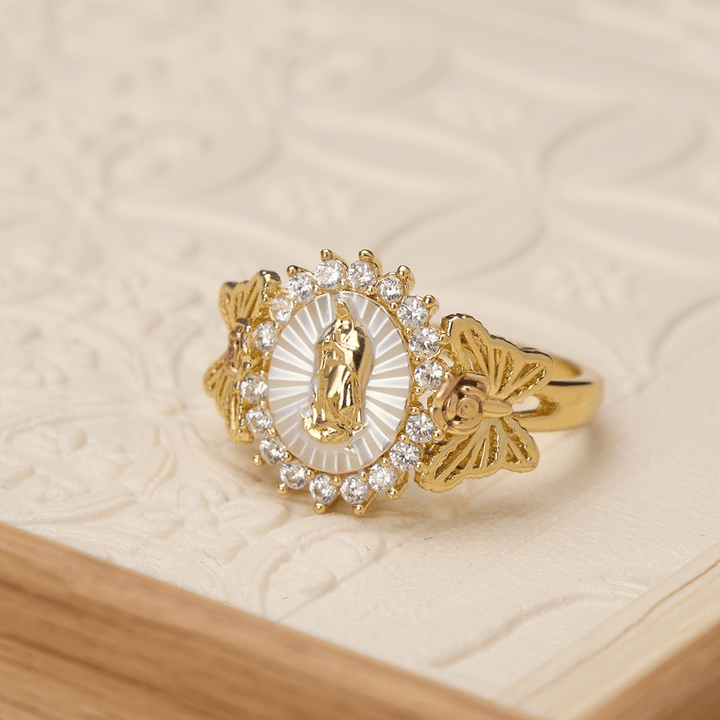 Christianartworkshop Rosenförmiger Zirkon-Ring mit Blumenmuster: Trage das Licht mütterlicher Liebe - Unsere Liebe Frau (Geeignet für US-Größen 6-9) - image 0