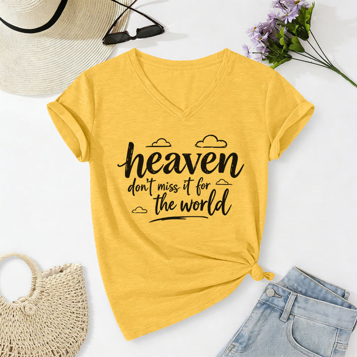 Christianartworkshop Himmel, verpass es nicht für die Welt! Inspirierendes Wolkenmuster, lässiges V-Ausschnitt-T-Shirt - Gelb - 2XL - image 2