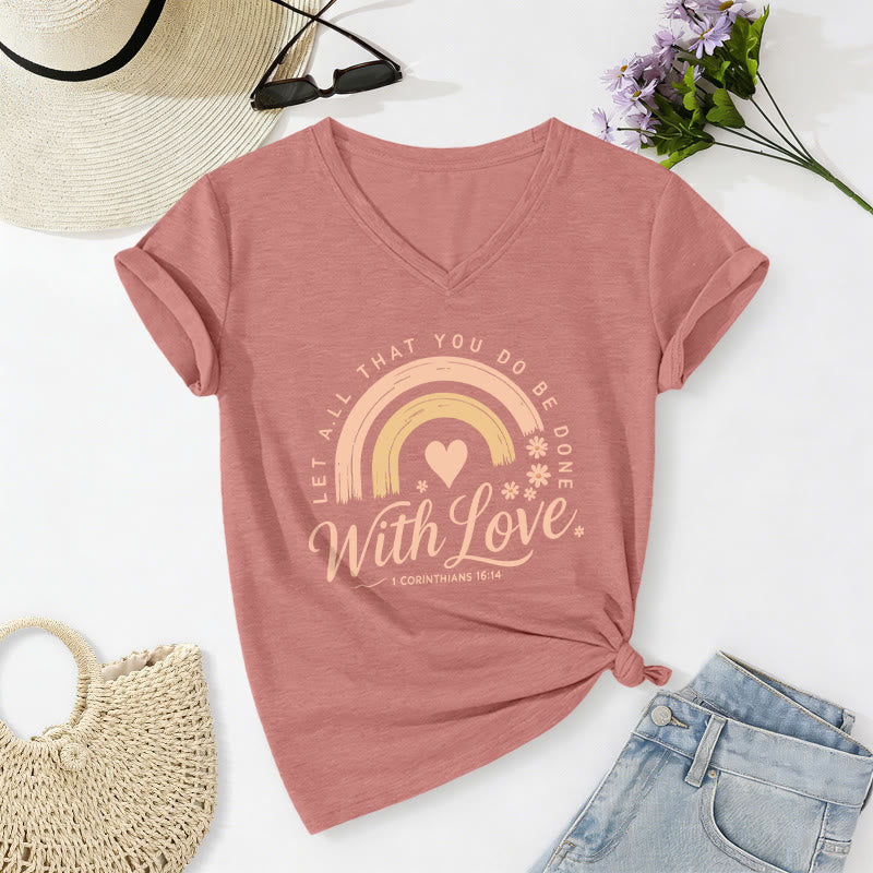 Christianartworkshop Bibelvers mit Liebe Regenbogenblumen Lässiges V-Ausschnitt-T-Shirt - Hellrosa - 2XL - image 0