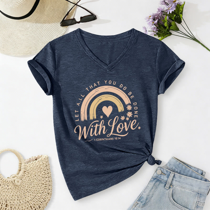 Christianartworkshop Bibelvers mit Liebe Regenbogenblumen Lässiges V-Ausschnitt-T-Shirt - Marineblau - 2XL - image 18