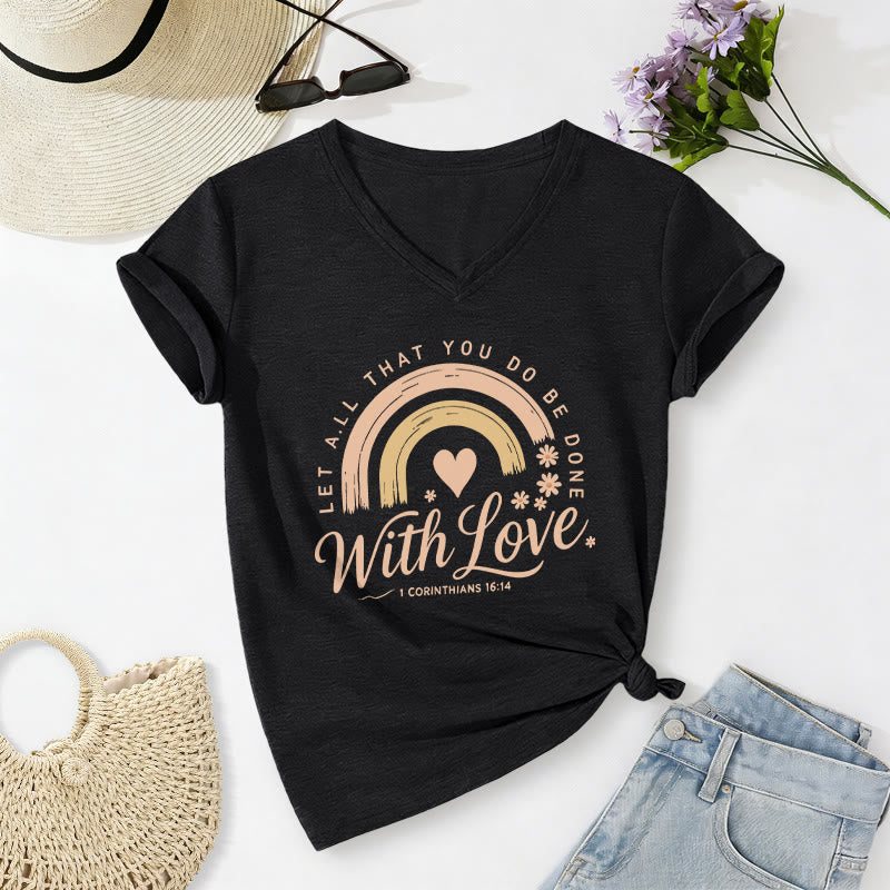 Christianartworkshop Bibelvers mit Liebe Regenbogenblumen Lässiges V-Ausschnitt-T-Shirt - image 14