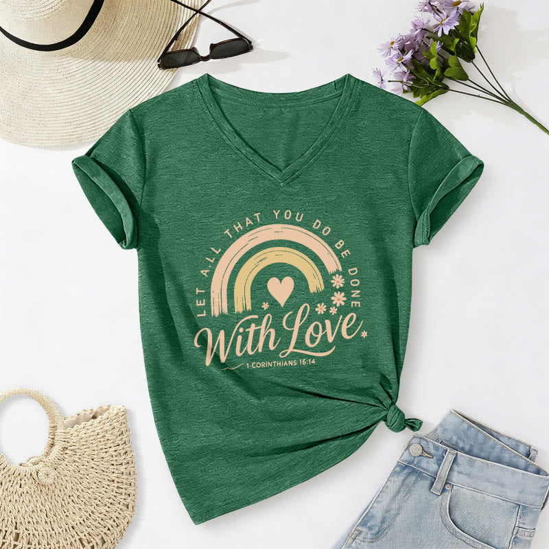 Christianartworkshop Bibelvers mit Liebe Regenbogenblumen Lässiges V-Ausschnitt-T-Shirt - Dunkelgrün - 2XL - image 16