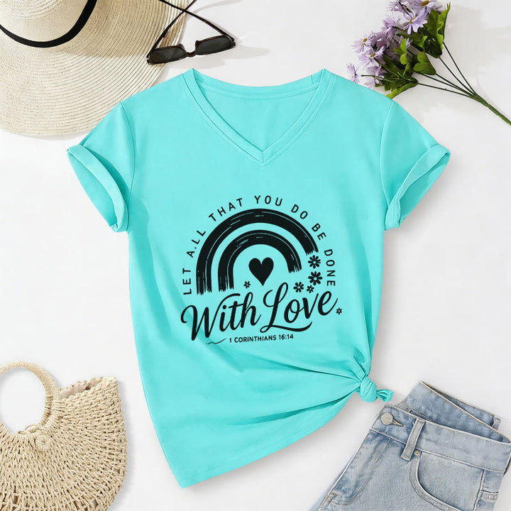 Christianartworkshop Bibelvers mit Liebe Regenbogenblumen Lässiges V-Ausschnitt-T-Shirt - Himmelblau - 2XL - image 12