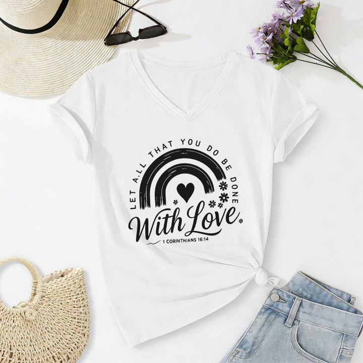 Christianartworkshop Bibelvers mit Liebe Regenbogenblumen Lässiges V-Ausschnitt-T-Shirt - Weiß - 2XL - image 10