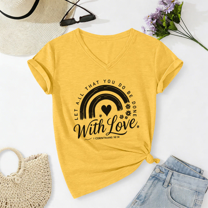 Christianartworkshop Bibelvers mit Liebe Regenbogenblumen Lässiges V-Ausschnitt-T-Shirt - Gelb - 2XL - image 4