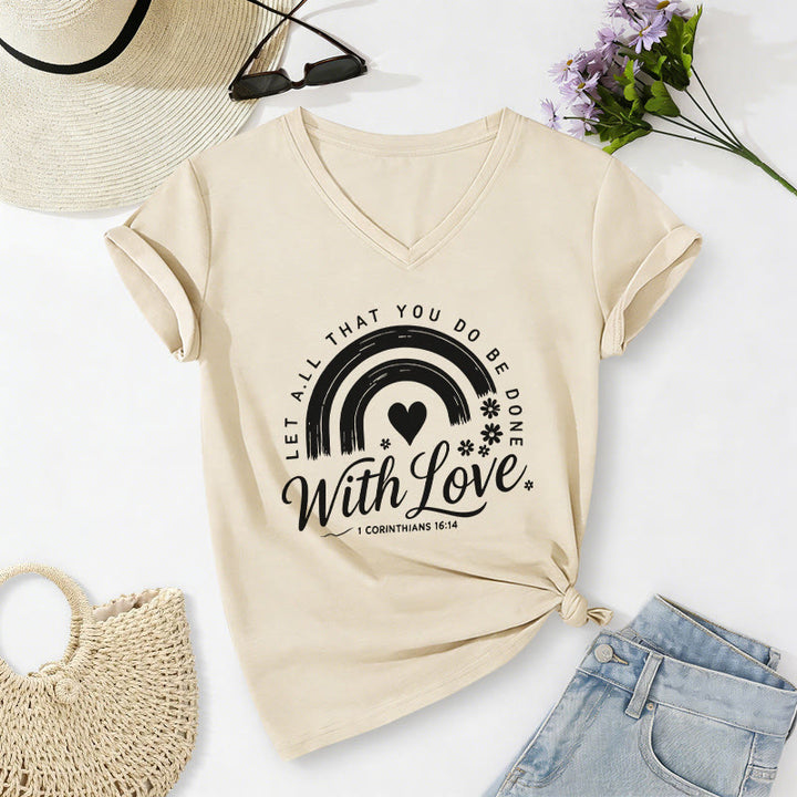 Christianartworkshop Bibelvers mit Liebe Regenbogenblumen Lässiges V-Ausschnitt-T-Shirt - Beige - 2XL - image 6